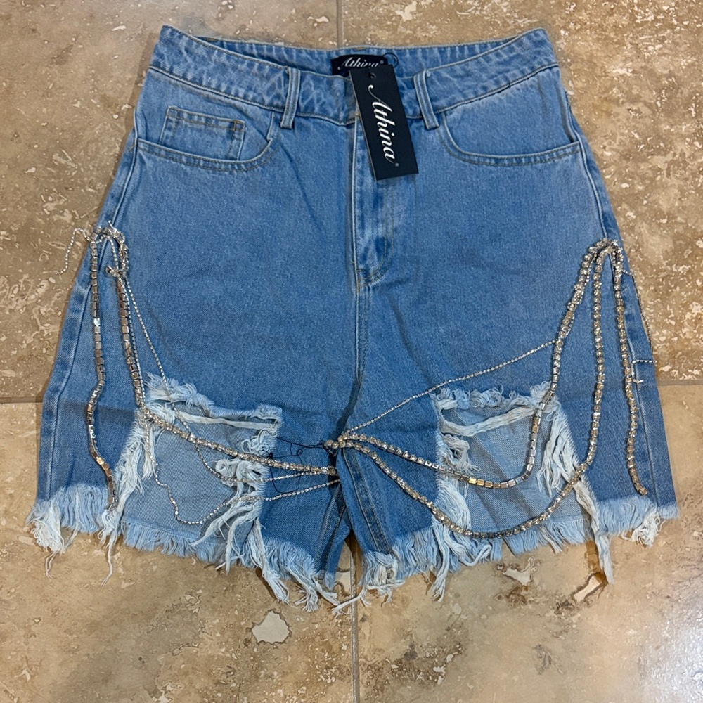 Light Blue Denim Shorts with Rhinestone Chain Accents